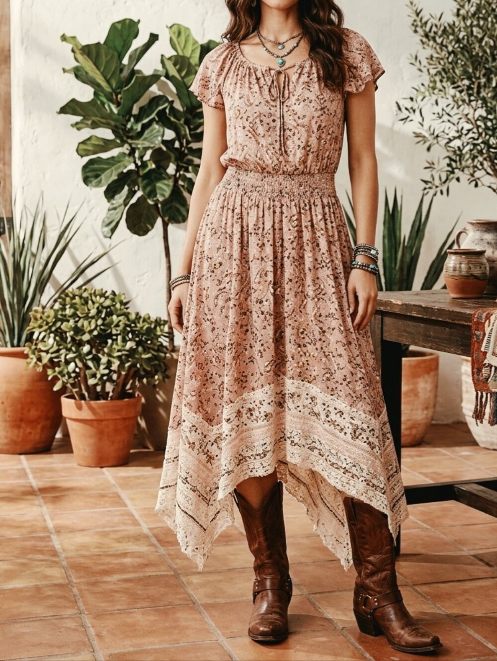 Knox Rose Boho Floral Smocked Waist Ruffle Sleeve Fairy Cottagecore Dress SizeM
